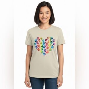 Graphic Gildan T-Shirt Tan with Rainbow Paw Print Heart Size L